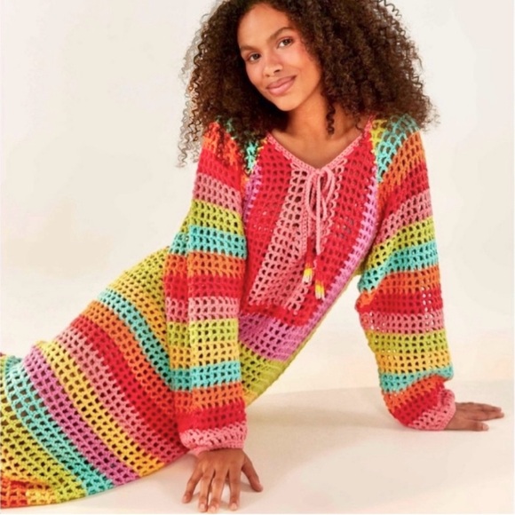 🌻NWT FARM RIO MULTICOLOR CROCHET TASSEL-TIE MAXI DRESS IN LIGHT CHEVRON - Picture 2 of 8